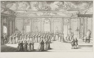 Audienssisali morsiamen vastaanoton aikana Dresdenin palatsissa 2. syyskuuta 1719. tekijältä Gerard Jean Baptiste Scotin