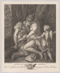 Venus suree Adonisia, istuu puun alla ja syleilee häntä, Cupidolla oikealla, noin. 1786. tekijältä Gérard René Le Vilain