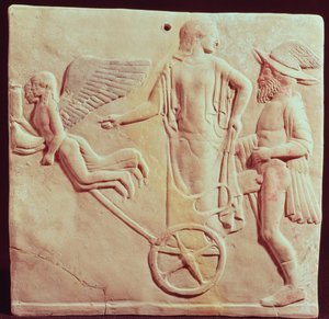 Aphrodite ja Hermes ratsastamassa Eroksen ja Psychen vetämillä vaunuilla, 470 eKr. (terrakotta) tekijältä Greek