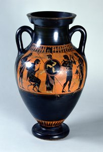 Ullakon mustahahmoinen kaula-amfora, joka kuvaa Herkuleen tervetuloa Olympukseen, n. 520 eKr. (keraaminen)