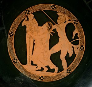Ullakon punahahmoinen kuppi, joka kuvaa Cassandraa, jota Ajax jahtasi etsimässä turvaa Athenan ksoanonilta, noin 430 eKr. (keramiikka) tekijältä Greek