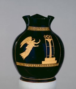 Ullakon punahahmoinen oinochoe, jota koristaa kohtaus, jossa siivekäs Nike lensi nauhalla kohti jalustaa, lähellä Calliope Painteriä, Nolasta, n. 430 eKr. (keraaminen) tekijältä Greek