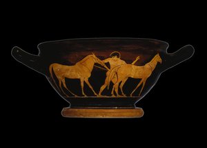 Ullakon punahahmoinen skyphos, joka kuvaa Heraklesta ja Diomedesen tammoja (keramiikka) tekijältä Greek