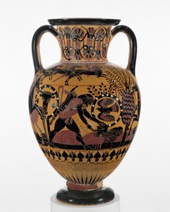 Kalcidialainen mustan figuurin kaula-amfora, jossa Odysseus tappaa traakialaisen, n. 540 eaa. (terrakotta).