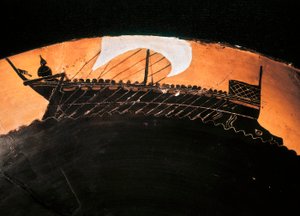 Antiikkinen mustahahmokuppi, jossa on kreikkalaisen laivan kuva. 5. vuosisadalla eaa. BN, Pariisi. tekijältä Greek