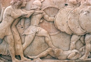 Taistelu Troijan ulkopuolella, friisi Siphnian Treasurysta, n. 525 eKr. (marmori)