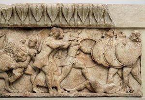 Gigantomachy: Cybelen leijona nielee jättiläisen, kun Apollo ja Artemis taistelevat jättiläisiä vastaan, 525 eaa. tekijältä Greek
