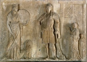 Kreikkalainen taide: "" Frygialaiset jumalat Cybele ja Attis, hänen poikansa ja rakastajansa"" Marmorireliefi 2. vuosisadalta eKr. Museo Archeologico, Venetsia tekijältä Greek