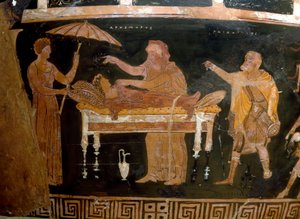 Kreikkalainen taide: Arhemoren maljakko: Arhemoren hautajaiset (Opheltes) Dareioksen taidemaalarin maalaus. Ruvosta. 4. vuosisadalla eaa. Kansallinen arkeologinen museo, Napoli tekijältä Greek