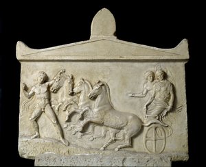 Kreikkalainen taide: Hermekselle ja nymfeille omistettu kohokuvio: Echeloksen neliö, joka poistaa basilikaa. 420-410 eaa. Athenes, kansallinen arkeologinen museo tekijältä Greek