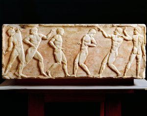 Kreikkalainen sivilisaatio, Stele, joka kuvaa urheilijoita kuntosalilla, Kerameikosin hautausmaa Ateenassa, Kreikassa, 510 eaa. tekijältä Greek