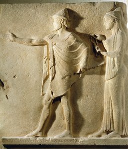 Hermes agoraios ja hyväntekeväisyys, reliefi Theoresin kulkuväylästä, Thasos, noin 470 eaa. (marmori) (ks. myös 346624).