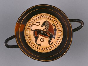 Lakonilainen mustahahmo Kylix, joka on laskettu Hunt-maalariin, n. 540 eKr. (terrakotta) tekijältä Greek