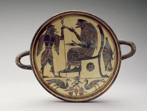 Lakonilainen kylix-kuppi, joka kuvaa Zeusta ja Hermestä, noin 550-530 eKr. (savi) (katso myös 288296 ja 288298) tekijältä Greek