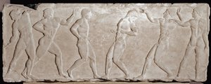 Kuutta urheilijaa edustavan hautauskouron marmoriset helpotussukat. 510-500 eaa. Ateenan akropolilta. Kansallinen arkeologinen museo, Ateena tekijältä Greek