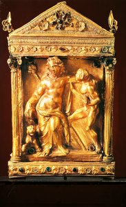 Naiskos, jossa Dionysos oli humalassa ja satyyri, pieni hellenistinen temppeli granaateilla ja smaragdeilla Thessaliasta, 2. vuosisadalta eKr. (kulta) tekijältä Greek