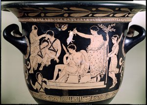 Orestes rukoilijana Apollon pyhäkössä Delfoissa, yksityiskohta attikalaisesta punaisen figuurin kraterista, joka kuuluu Apulian Eumenides Painterin keramiikan yksityiskohtiin 92567. tekijältä Greek