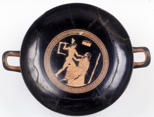 Maalaus leikkauksessa: Heraclés heiluttamassa tuolia tyrmätäkseen musiikkimestarinsa, 470 eaa. BNF, mitalitoimisto. tekijältä Greek