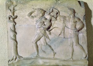 Tabletti, joka esittää Herculesin kantamassa Delphic-jalustaa Apollon (marmori) edessä