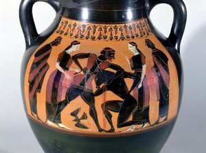 Theseus taistelee Minotaurusta vastaan, yksityiskohta ullakon mustahahmoisesta amforasta (keramiikka)