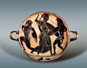 Troijan sota: Jumalatar Athena kamppailee Hektorin ja Akilleksen välillä. 6. vuosisadalla eaa. Kylixissä (juomakuppi) on mustia hahmoja keramiikassa, Katalonian arkeologinen museo, Barcelona. tekijältä Greek