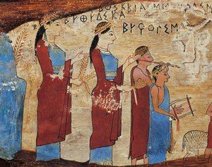 Votiivipaneeli Pitsa-luolasta lähellä Sikyonia, yksityiskohta, kulkue uhrien kantajilla, lyyra- ja huilunsoittajia, kreikkalainen kirjoitus tekijältä Greek