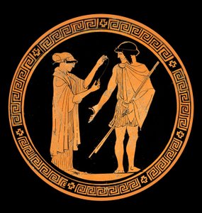 Upea keskustelu, keramiikan koristelu punaisilla hahmoilla. 5. vuosisadalla eKr. (keraaminen) tekijältä Greek School