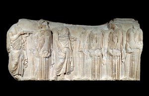 Kreikkalainen taide: fragmentti Parthenonin friisistä: Suurten Panathenees-juhlan kulkue: valtuuttajat ja ergastiinit. Klassinen aikakausi. Pariisi, Louvre-museo tekijältä Greek School