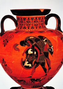 Kreikkalainen sivilisaatio, 6. vuosisadalla eKr. Mustahahmoinen keramiikka. Amphora, joka kuvaa Ajaxia kantamassa Akilleksen ruumista. tekijältä Greek School