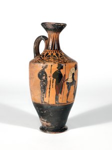 Lekythos, taisteluun aseistautuvat soturit, 510-500 eaa. tekijältä Greek School