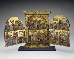 Lasaruksen herättäminen; Pääsy Jerusalemiin; Ristiinnaulitseminen; Kristuksen laskeutuminen helvettiin (keskipaneeli), 1500-luvun toinen puoli (tempera kultalehdellä puussa) tekijältä Greek School