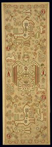 Morsiustyynynpäällinen, Lefkasista, Joonian saarilta, 1600-1700-luvulta (pellava kirjailtu silkki- ja kultametallilangalla) tekijältä Greek School