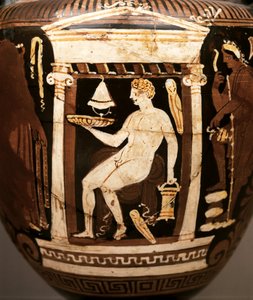 KREIKAN TAIDE: Apulian punainen hahmo voluutti-krater. Hautajaiskohtaus. Uhri..., n. 330-320 eaa. (keramiikka). tekijältä Greek School