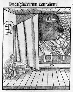 Kätilö siivoaa vastasyntyneen vauvan äidin lepääessä. Kaiverrus - Gregor Reischin (1467-1525), Baselin kirjassa "" Margarita Philosophica" tekijältä Gregor Reisch
