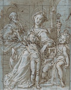 Pyhä perhe vauvan kanssa Pyhä Johannes Kastaja recto, laajamittaiset rajatut luonnokset..., 1590-92.