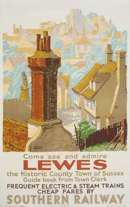 Lewes, juliste, joka mainostaa eteläistä rautatietä (värilitho)