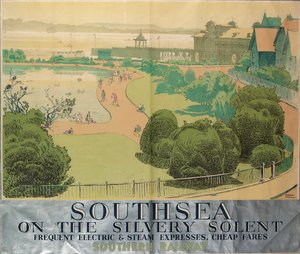 Southern Railwaysia mainostava juliste "Southsea on the Silvery Solent".