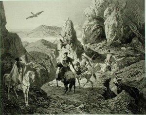 Haukkametsästys Jerevanin lähellä Armeniassa, levy 20 Kaukasusta käsittelevästä kirjasta, kaiverrettu Eugene Ciceri (1813-90) ja Adolphe Jean-Baptiste Bayot (1810-66), julkaisija Alfred Leon Lemercier, Pariisi
