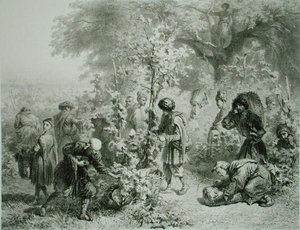 Rypäleen sato Kakhetiessa, Georgiassa, levy 30 Kaukasusta käsittelevästä kirjasta, kaiverrettu Eugene Le Roux (1807-63), julkaisija Alfred Leon Lemercier, Pariisi