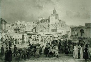 Basaari Maidan-aukiolla, Tiflis, Georgia, kuva 25 Kaukasusta kertovasta kirjasta, kaiverrettu Adolphe Jean-Baptiste Bayot