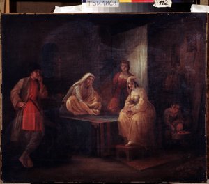 Huoneessa. Orientalistinen kohtaus Shamakha-tanssijoiden kanssa Azerbaidžanissa kokoontuneena haaremiin. Grigori Grigorievich Gagarinin (1810-1893) maalaus, öljy kankaalle, 1800-luvun venäläistä taidetta. Georgian taidemuseo, Tbilisi (Georg tekijältä Grigori Grigorevich Gagarin