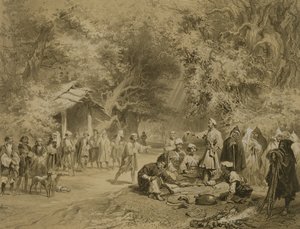 Metsästyksen loppu, Mingrelia, levy 6 Kaukasusta käsittelevästä kirjasta, kaiverrettu Adolphe Mouilleron (1820-81), julkaissut Alfred Leon Lemercier, Pariisi, 1847 tekijältä Grigori Grigorevich Gagarin
