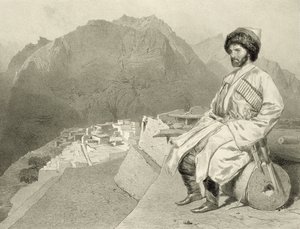 Näkymä Ghimristä ja Hadji-Mouradin muotokuva, levy 66 Kaukasusta käsittelevästä kirjasta, kaiverrus Jules Joseph Augustin Laurens (1825-1901) ja Eugene Ciceri (1813-90), Adolphe Mouilleron (1820-81), pu