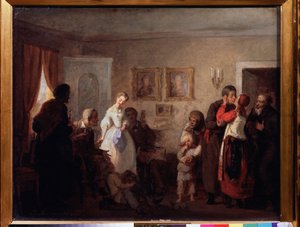Onnittelut tuoreelle pariskunnalle kartanossa. (Onnittelut vastikään naimisissa olevalle pariskunnalle kartanossa). Grigori (Grigoriy, Grigory) Grigorjevitš Myasojedovin (Myasoedov, Miasoedov) maalaus (1834-1911), öljy kankaalle tekijältä Grigori Grigoryevich Myasoedov