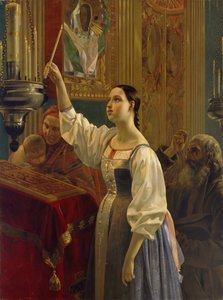Tyttö asetti kynttilän ikonin eteen, 1842 tekijältä Grigori Karpovich Mikhaylov