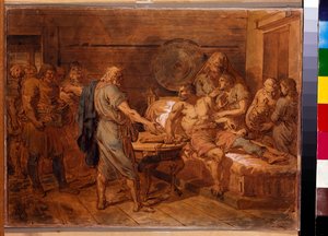 Kuzma Mininin (kuoli 1616) vetoomus prinssi Dmitri Pozharskiin (1577-1642) - Grigori Ivanovich Ugryumovin (Ugrioumov) (1764-1823) teos, akvarelli ja valkoinen paperille, noin 1800 (31,6x42 cm) - Vetous Mininille prinssi Dmitri Pozharsky, Wat tekijältä Grigoriy Ivanovich Ugryumov