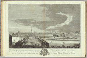 Nevski Prospekt Admiralty-näkymillä Kirja Pietarin perustamisen 50-vuotisjuhlaan, 1753 tekijältä Grigory Anikeevich Kachalov
