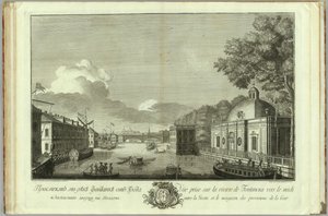 Näkymä Fontanka-joelle luolakirjasta Pietarin perustamisen 50-vuotispäivään 1753 tekijältä Grigory Anikeevich Kachalov