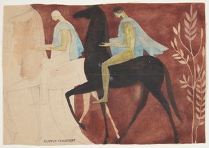 Kaksi nuorta hevosen selässä. Luonnos huoneen sisustus tekijältä Gudrun Traustedt