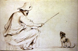 Istuva mies kouluttaa koiraa (kynä ja ruskea tussi ja pesu paperille) tekijältä Guercino